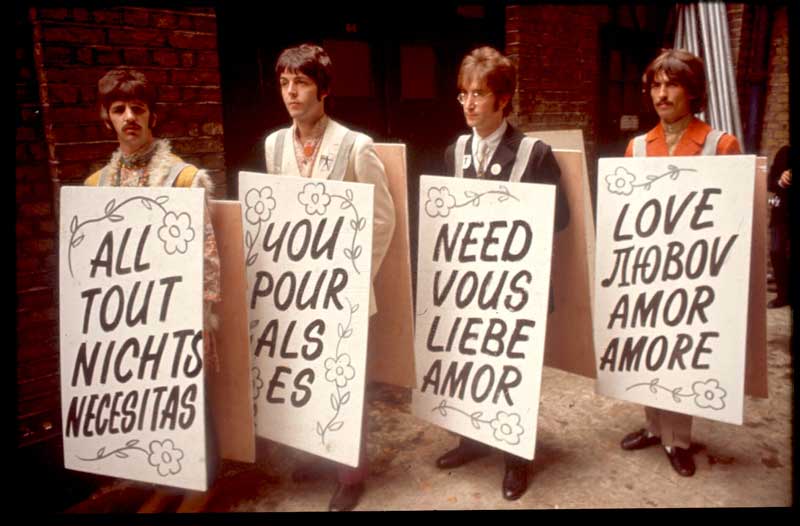 The Beatles with Signs, "Our World" Satellite Broadcast Press Event, EMI Studios, London, 1967