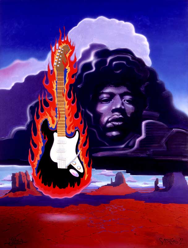 Jimi Hendrix with Flaming Guitar, 1987