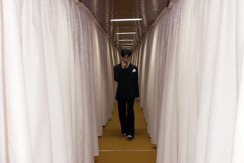 Prince Backstage in Milan, Walking Down White Curtain Hallway, Italy, 2002