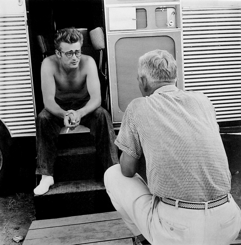 James Dean Talking to Director George Stevens Behind the Scenes on the Set of Giant, TX, 1955