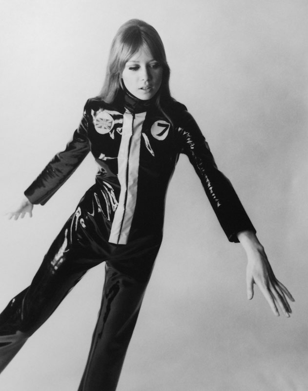 Pattie Boyd Posing in Fashion Racing Suit, 1966