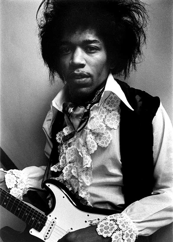Jimi Hendrix Portrait in Lacy Ruffled Shirt with Guitar, BBC Studios, London, 1967