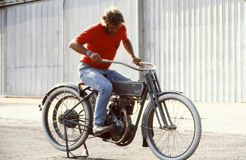 Steve McQueen on 1917 Harley Davidson Silent Grayfellow, Santa Paula Airport, CA, 1979