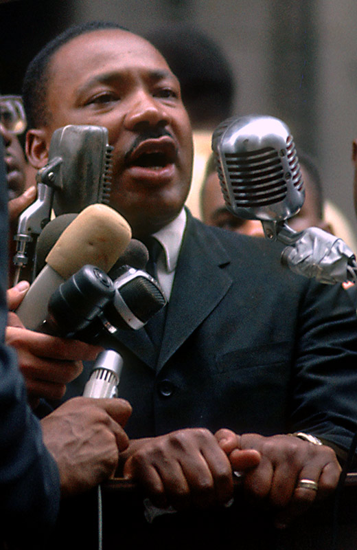 Martin Luther King Jr., Speaking into Microphones, City Hall, Chicago, 1966