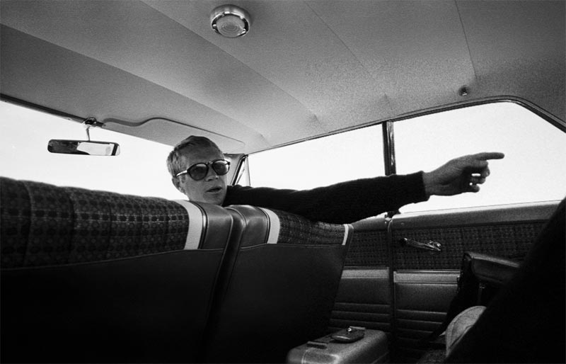 Steve McQueen Pointing, Inside a Ford Galaxie 500, Cotati, 1962