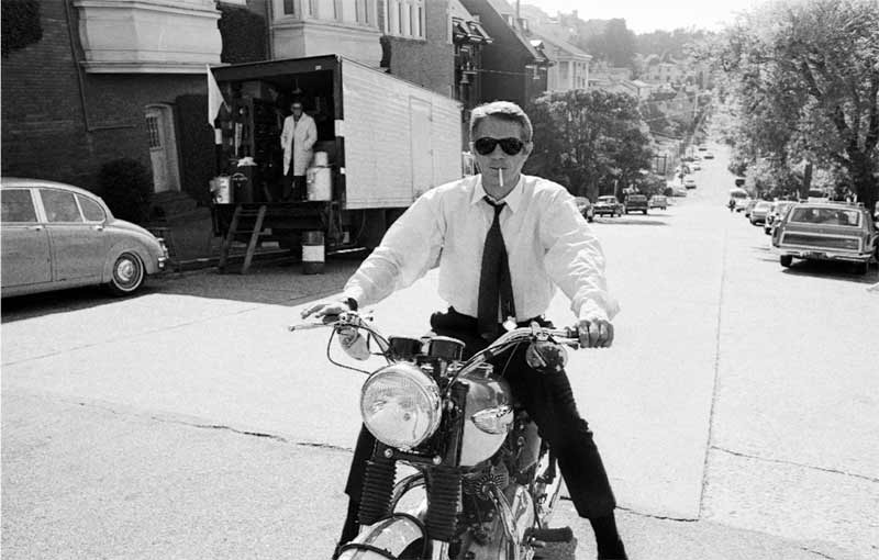 Steve McQueen on Triumph Motorcycle, on the Set of Bullitt, San Francisco, 1968